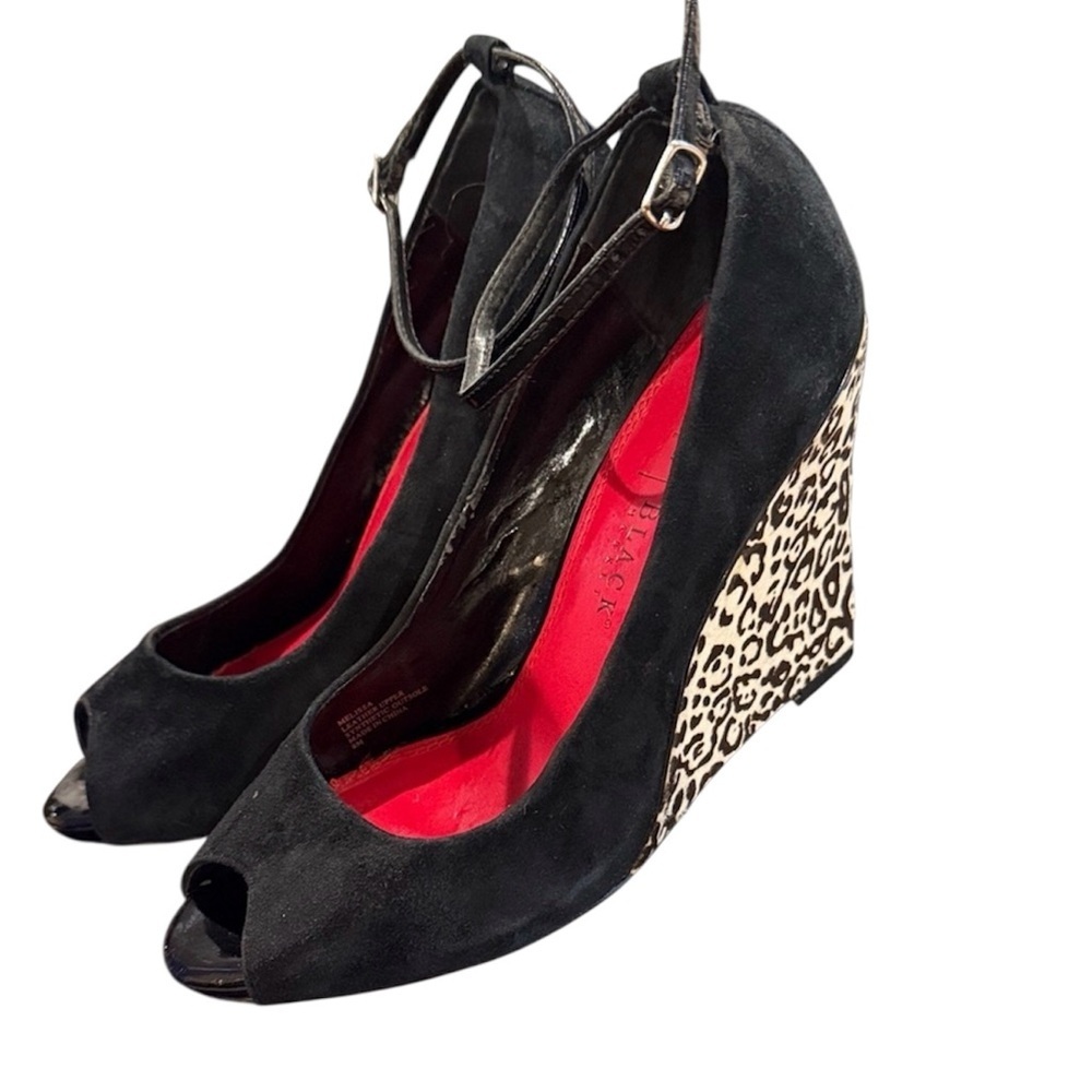 Black Peep-Toe Wedge Heels with Leopard Print whbm sz 8 White House market